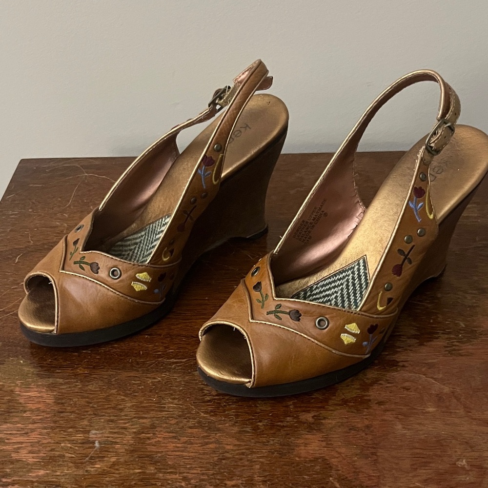 Kenzie Brown Wedge Sandals with Floral Details